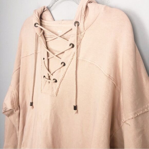 AERIE | Lace Up Front Tan Hooded Sweatshirt Oversized Women’s Size Small - Picture 3 of 9